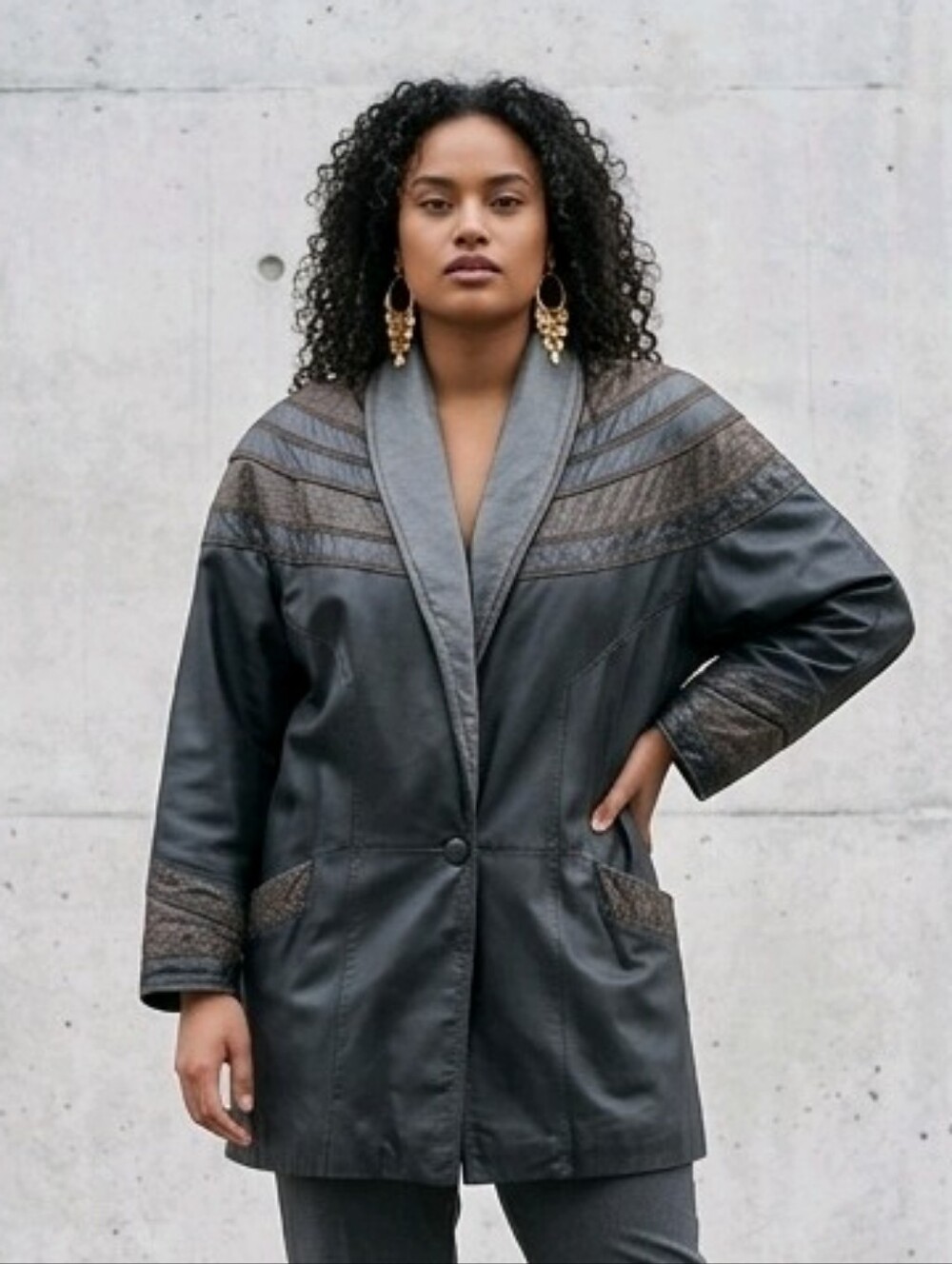 Women's Vintage Avanti Black Leather Embossed Dolman Sleeve Coat Jacket Sz L VTG